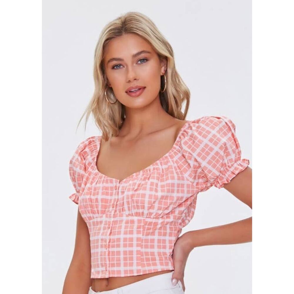 Pink Forever 21 Grid Print Puff Sleeve Crop Top S